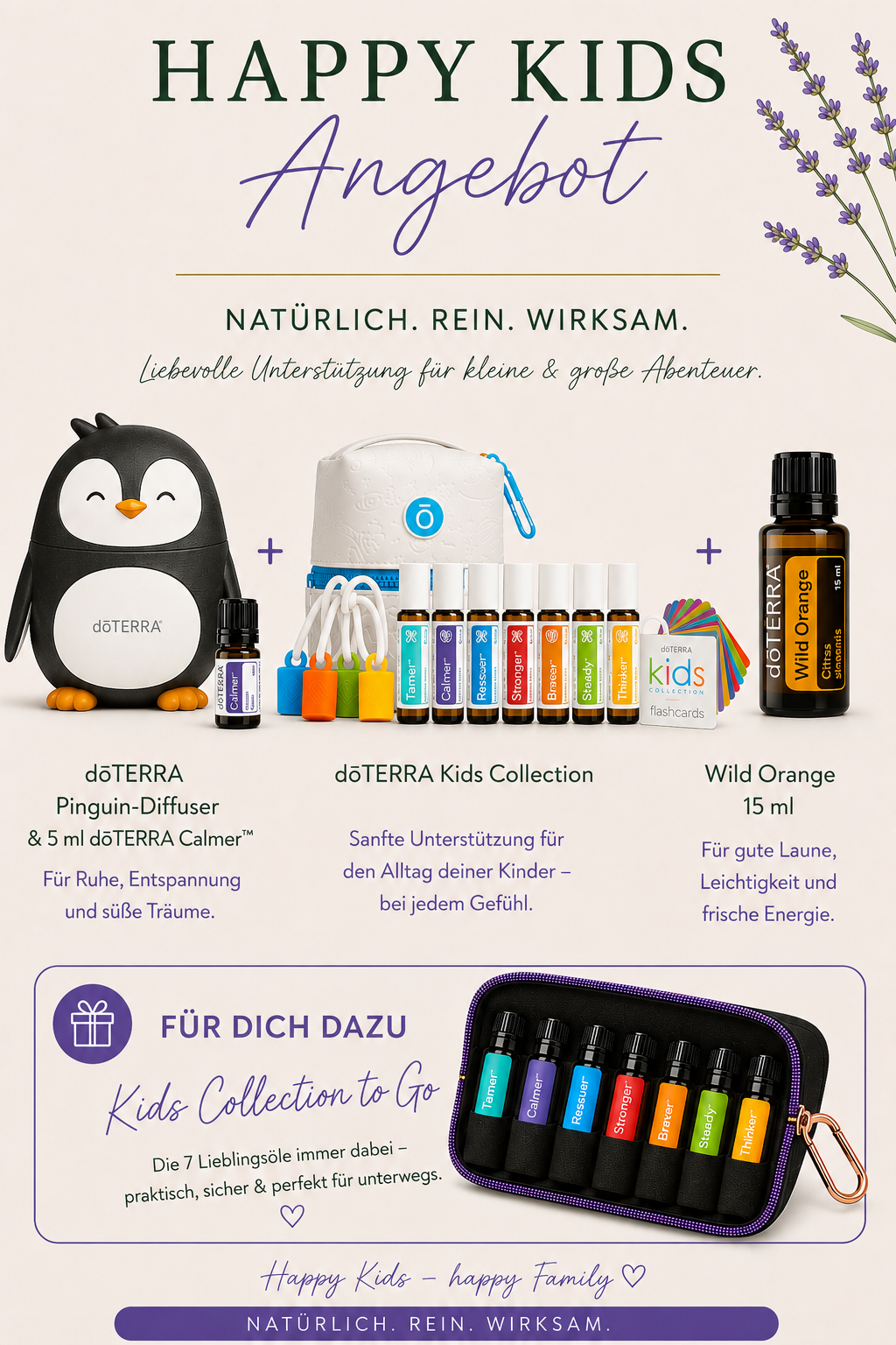Happy Kids Angebot – Flyer mit Pinguin-Diffuser, dōTERRA Kids Collection und Wild Orange